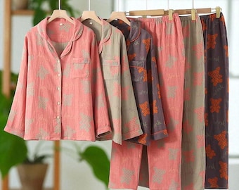 Winter Damen Pyjamas Set, 100% Baumwolle Langarm Pyjama Anzug, bequeme Loungewear & Nachtwäsche für Damen
