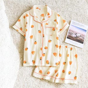 Cute Two Piece Pyjama Set For Women, Sleepwear With Short Sleeves Shirt, Summer Style Shorts, Floral Print Cotton Pyjama Set, Gift For Her