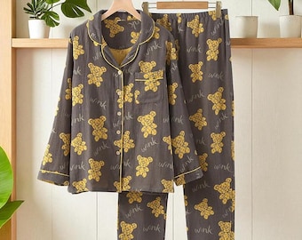 Winter Damen Pyjamas Set, 100% Baumwolle Langarm Pyjama Anzug, bequeme Loungewear & Nachtwäsche für Damen
