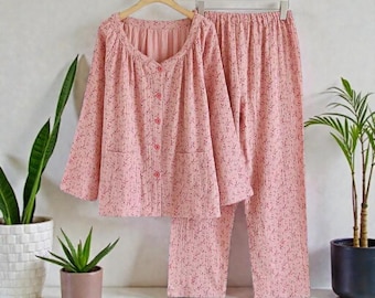Cotton Women’s Pyjama Set, Ink Painting Printed Nightwear, Soft Breathable Loungewear, Cozy Homewear Gift for Her