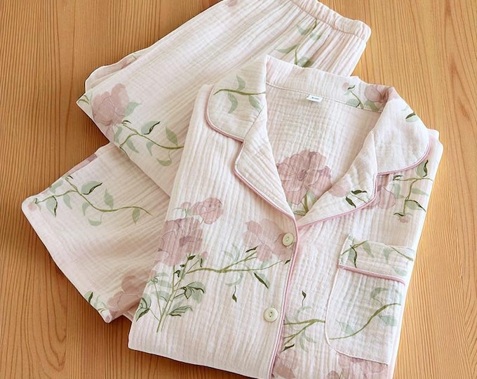 Comfy Cotton Autumn and Winter Womens Pyjamas, Long-sleeved Trouser Lounge Set, Comfortable Home Service Sleepwear, Perfect Gift for Her