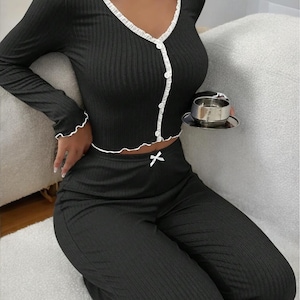 Smart Pyjama Set With Long Sleeves V-Neck Shirt, Sexy Sleepwear With Lace Top, Elegant Two Piece Pyjama Set For Women, Gift For Her