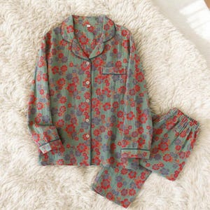 Matching Floral Print Pyjama Set, Simple Two Piece Cotton Pyjama, Loose Pants With Long Sleeves Collar Shirt, Summer Loungewear Gift For Her