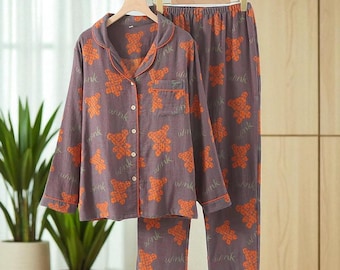 Winter Damen Pyjamas Set, 100% Baumwolle Langarm Pyjama Anzug, bequeme Loungewear & Nachtwäsche für Damen