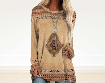 Bohemian Geometric Print Long Sleeve Tunic for Women