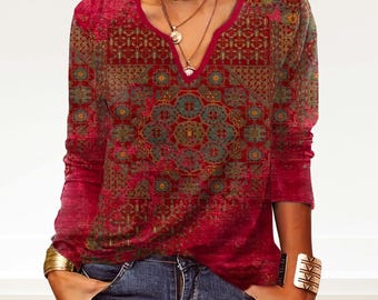 Boho Red Mandala Print Tunic Top Blouse for Women V Neck 3/4 Sleeve
