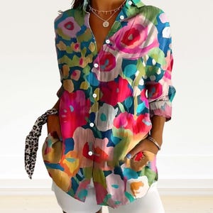 Boho Floral Print Blouse for Women Button Down Loose Fit Top
