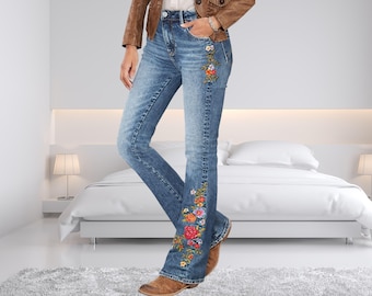 Women’s Floral Embroidered Bootcut Jeans, Mid Waist Stretch Denim Flare Pants with Pockets