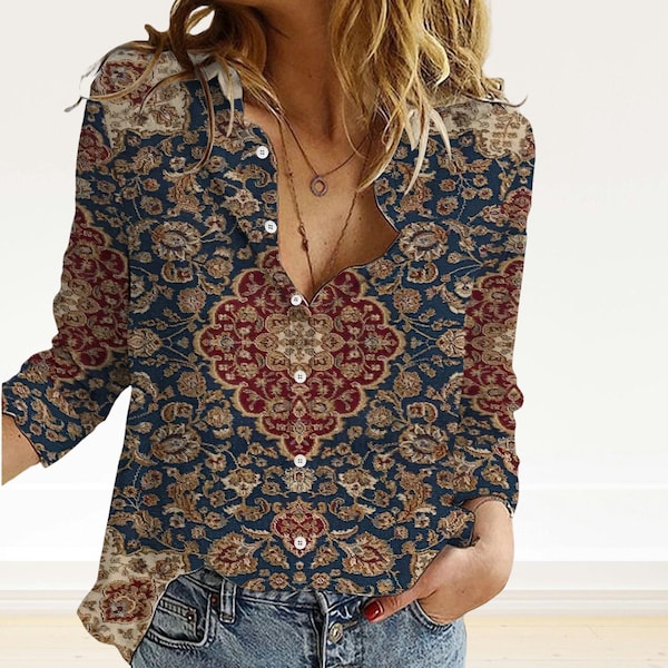 Boho Floral Print V Neck Blouse Women Long Sleeve Casual Loose Top