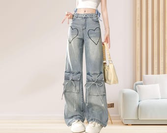 Heart Embroidered Wide Leg Jeans for Women, High Waist Baggy Cotton Denim