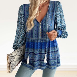 Bohemian Printed Floral Blouse with Tassel Tie Long Sleeve Boho Top