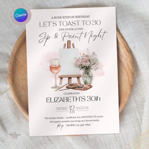 Sip and Paint Birthday Invitation, Editable 30th Birthday Canva Template, Rosé and Painting Party Invite, Wine Night Printable Invite