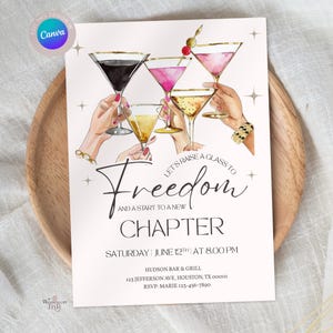 Uitnodiging voor feest echtscheiding, hef het glas op voor vrijheid uitnodiging, nieuw hoofdstuk viering bewerkbare canvas sjabloon, Glam Martini Girls Night