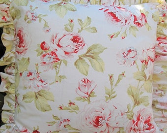 Shabby Chic Pink and Green Floral DesignerToss Pillow Casing/ Sophie Vintage Spring Pillow Casing