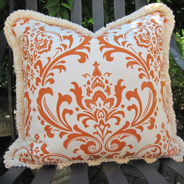 Bright Orange Ikat  Designer Toss Pillow Casing / Natural Loop Fringe