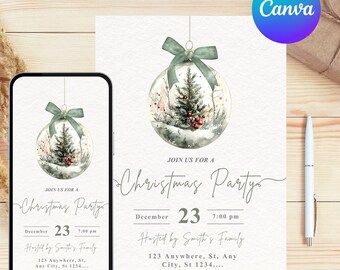 Plantilla de invitación de Nochebuena, invitación para fiesta navideña, invitación de Nochebuena, invitación para fiesta navideña, descarga de invitación navideña