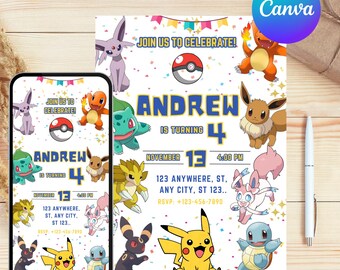 Tarjeta de cumpleaños de Pokémon, estilo caricatura rojo y amarillo, invitación editable de Canva para fiesta infantil, temática de Pikachu, archivo digital instantáneo.