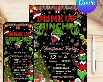 Invitación digital para fiesta navideña de Grinches, fiesta de amigos de Grinch, Evite para teléfono, plantilla editable, descarga instantánea