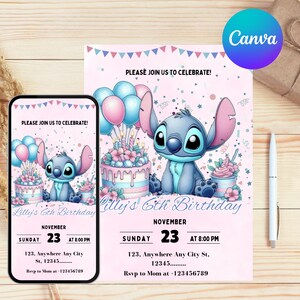 Pu&ograve; includere: Invito di compleanno rosa con un personaggio dei cartoni animati, palloncini e una torta. L'invito include il testo "Please join us to celebrate!" e i dettagli dell'evento. Uno smartphone mostra lo stesso design.