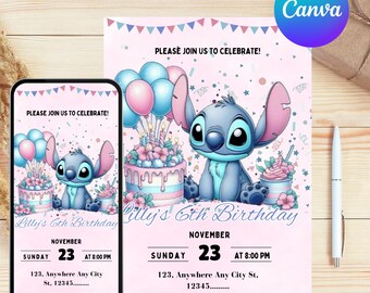 May include: Pink birthday invitation featuring a cartoon character, balloons, and a cake. The invitation includes the text "Please join us to celebrate!" and event details. A smartphone displays the same design.