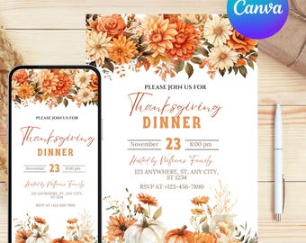 Invitación a la cena de Acción de Gracias. Plantilla editable de invitación de Acción de Gracias. Invitación de calabaza para amigos. Canva.