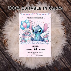Pu&ograve; includere: Un invito di compleanno rosa e blu con un personaggio dei cartoni animati, una torta e dei palloncini. Il testo recita "100% EDITABLE IN CANVA". L'invito include il testo "Lilly's 6th Birthday" e i dettagli dell'evento.