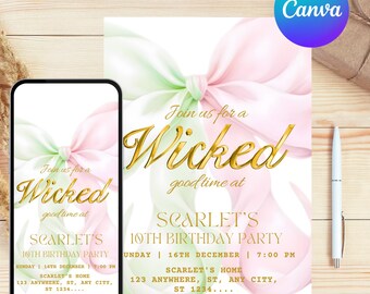 Wicked Good Time Birthday Invitation Template Halloween Coquette Green Pink Bow Birthday Party Invite Witch Bday Teenager Printable Canva
