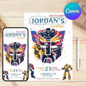 May include: A birthday invitation featuring a colorful graphic of Transformers characters. The invitation includes the text "Jordan's 12th Birthday" and event details. A smartphone displays the same design. The Canva logo is visible.