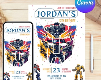Invitación de fiesta de Transformers One, invitación de cumpleaños imprimible de Rescue Bots, invitación de Optimus Prime, invitación de fiesta de Autobots, invitación de Bumblebee