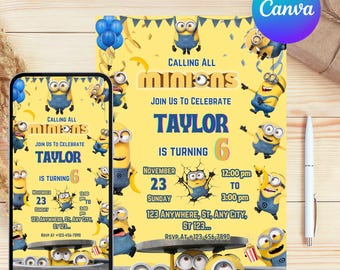 Invitación de cumpleaños de Minions editable digital, invitación de fiesta para niños, tema de dibujos animados amarillo, plantilla Canva de descarga instantánea, cumpleaños de niñas.