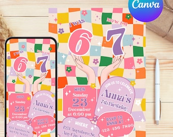 6 7 verjaardagsuitnodiging, 6-7 verjaardagsuitnodiging, 7e verjaardag uitnodigen, retro thema, 5 x 7" canvassjabloon