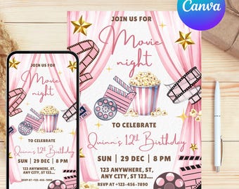 Plantilla de invitación para noche de cine dibujada a mano, invitación de cumpleaños de película para niñas, invitación de cumpleaños infantil con garabatos, invitación de cumpleaños de cine
