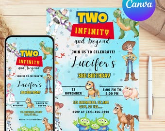 Invitación editable de dos Infinity and Beyond para cumpleaños de Toy Story, descarga digital, fiesta de segundo cumpleaños, Buzz Lightyear, tema espacial de Woody