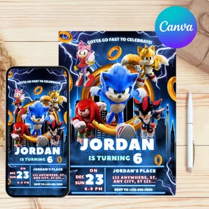 May include: A birthday invitation featuring Sonic the Hedgehog characters. The invitation includes the text "JORDAN IS TURNING 6" and event details. The design is blue with lightning bolts and a gold ring.