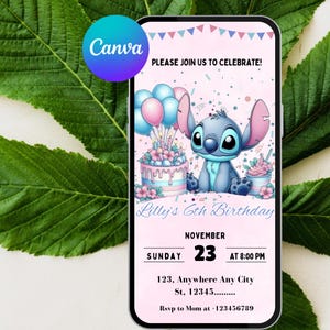 Pu&ograve; includere: Un invito di compleanno digitale su uno schermo di smartphone. Il design presenta un personaggio dei cartoni animati blu, una torta e palloncini. Il testo include "Please join us to celebrate!" e i dettagli per il 6&deg; compleanno di Lilly il 23 novembre.