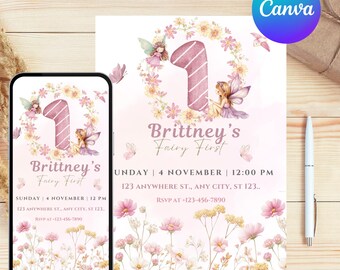 Invitación de cumpleaños de hadas para niña, Invitación de cumpleaños de hadas para el primer cumpleaños, Jardín, Invitación de hadas de jardín encantado, Cumpleañera caprichosa para el primer cumpleaños