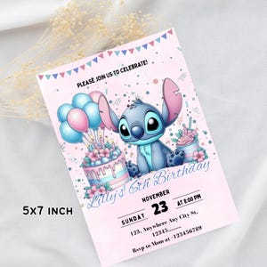 Pu&ograve; includere: Invito di compleanno rosa di 12,7 x 17,8 cm con un personaggio dei cartoni animati, palloncini, una torta e la scritta "Lilly's 6th Birthday". L'invito include i dettagli dell'evento e le informazioni RSVP.