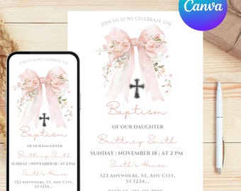Invitación de bautismo con lazo rosa ruborizado, plantilla de invitación de bautizo para niña, cruz dorada, lazo rosa, invitación imprimible, Canva editable