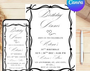 Plantilla editable de invitación para cena de cumpleaños, invitación de cumpleaños para mujer, invitación elegante negra, invitación editable, 40, 30, 20 años, cualquier edad