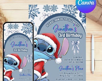 Invitación editable de cumpleaños navideña con diseño de Stitch, invitación para fiesta navideña, invitación navideña con temática de amigos adorables, descarga digital