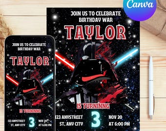 Invitación de cumpleaños imprimible, invitación de Star Wars, invitación para fiesta de cumpleaños de Darth Vader, invitación de Stormtrooper de descarga instantánea