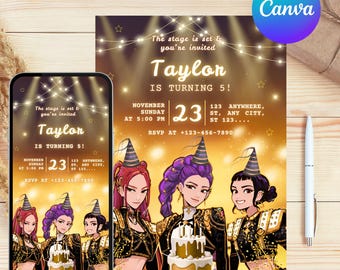 Invitación de cazadores de demonios de KPOP editable Invitación de cumpleaños de cazadores de demonios de KPOP Suministros para fiestas de cazadores de demonios de K-Pop Invitación de cumpleaños para niños de Huntrix