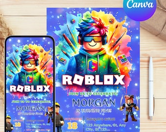 Invitación de Roblox, fiesta de juegos, plantilla de invitación de cumpleaños para chicos de Roblox, cumpleaños de juegos, Roblox para niños, plantilla editable, Canva
