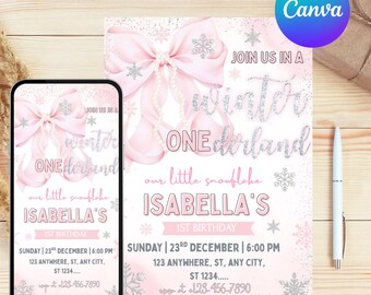 Invitación de Onederland invernal con lazo rosa, copos de nieve plateados, primer cumpleaños de niña, plantilla editable con lazo elegante de invierno