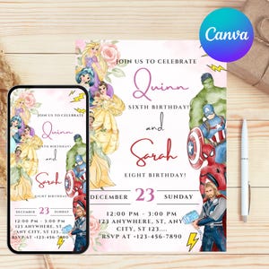 May include: A birthday invitation with Disney princesses and Marvel superheroes. The invitation includes the names Quinn and Sarah, the date December 23, and event details. The design is colourful with floral accents and a Canva logo.