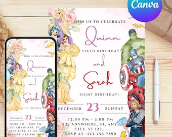 Invitación de cumpleaños para parejas de superhéroes de la pequeña princesa, plantilla editable para niña, descarga instantánea personalizada, digital o impresa