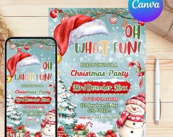 Invitación navideña editable, invitación navideña para niños, invitación divertida con gorro de Papá Noel, invitación navideña, plantilla imprimible