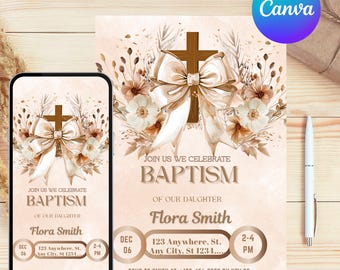 Invitación de bautizo con lazo, diseño floral de acuarela para niña, descarga instantánea, plantilla editable de Canva