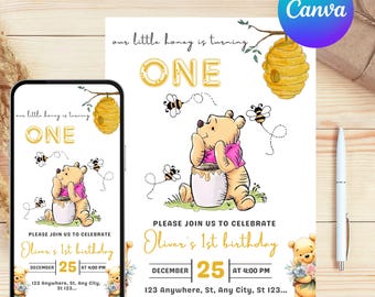 Invitación de cumpleaños de Winnie the Pooh Invitación clásica neutral de Winnie the Pooh Invitación para el primer cumpleaños de Little Hunny Invitación vintage de osito Pooh para cualquier edad