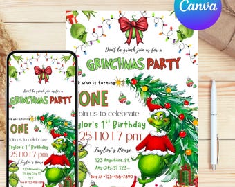 Invitación editable para fiesta del Hombre Verde en formato PNG (Canva), Invitación de Feliz Navidad en formato PNG, Invitación del Hombre Verde para brindar, Plantilla imprimible para fiesta navideña
